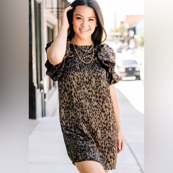 THML Dresses & Skirts - THML Give You A Look Olive Green Leopard Shift Dress Ruffle Sleeves